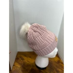 Britt’s Knits youth girls pink knitted beanie with white pom pom 0986